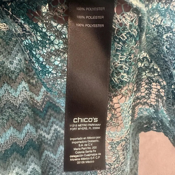 Chicos Travelers Collection Chevron Open Cardigan Blue Size 2 (L) Sheer Zigzag - Picture 6 of 7